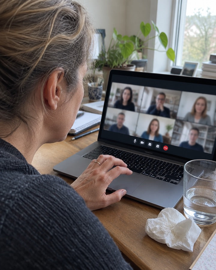 Woman on a laptop video call with a crumpled tissue beside the keyboard