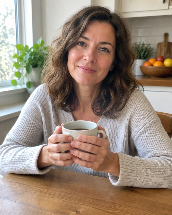 Woman calmly holding a mug of coffee in a bright kitchen