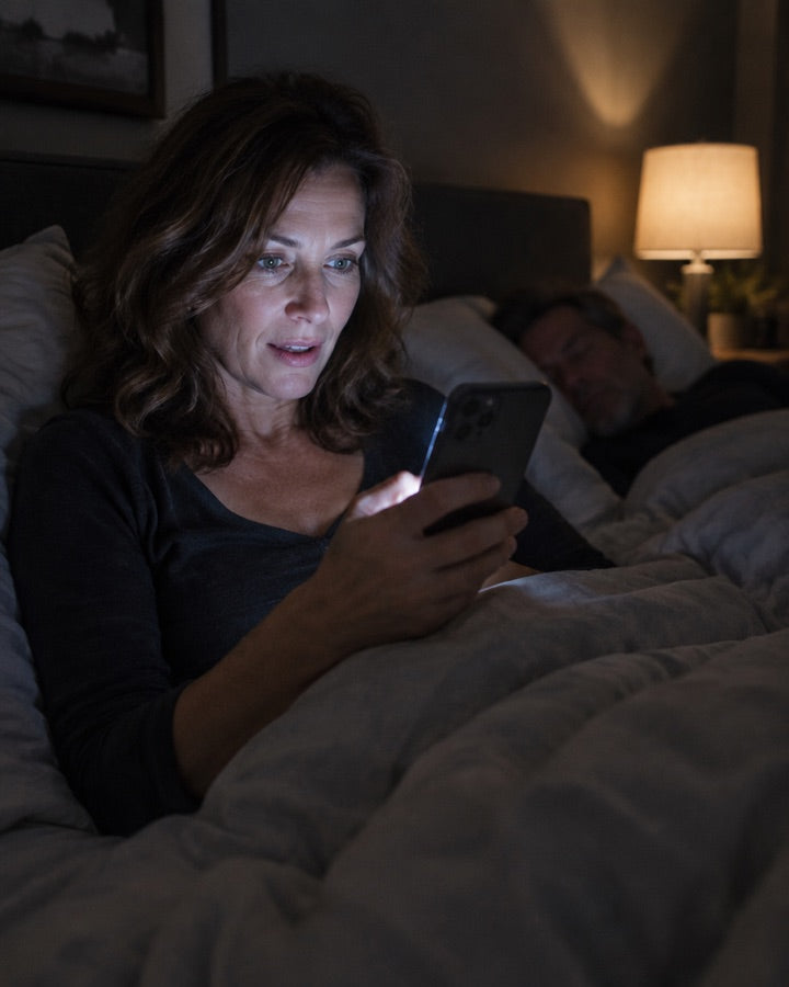 Woman sitting up in bed at night reading her phone while her partner sleeps