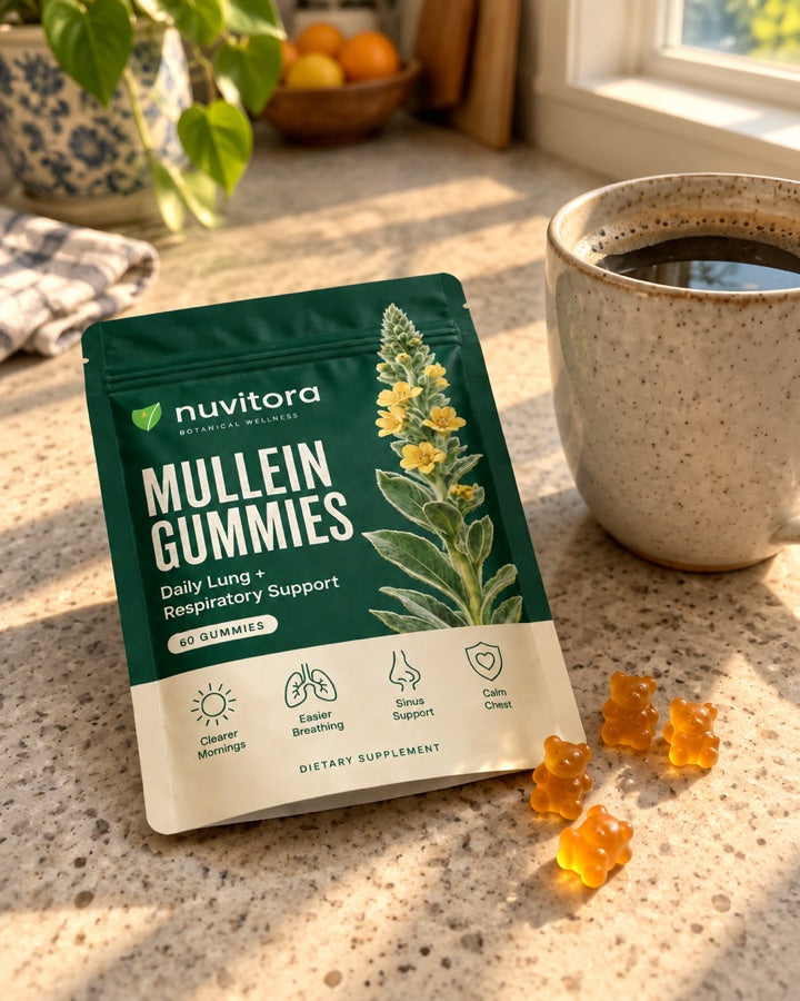 Nuvitora Mullein Gummies pouch with gummies on a kitchen counter