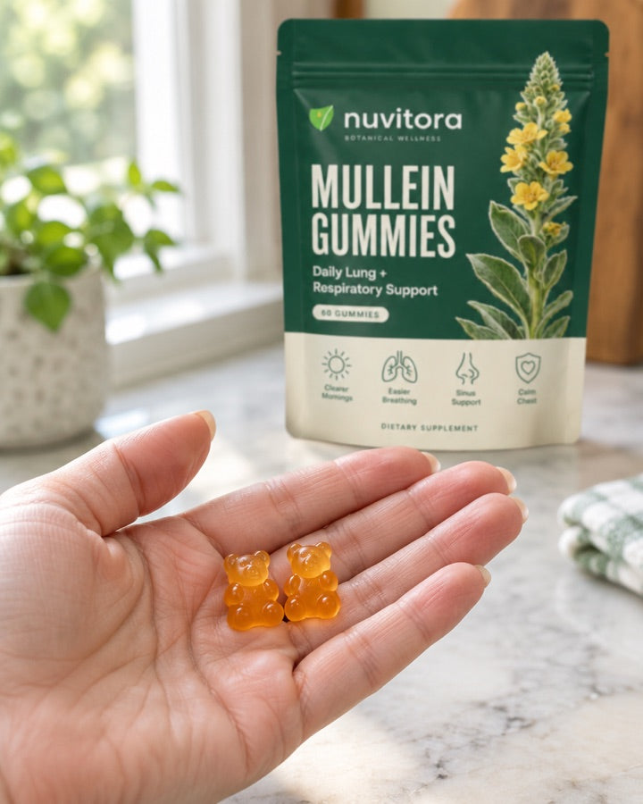 A hand holding two amber gummies in front of the Nuvitora pouch